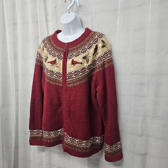 Croft & Barrow Red Cardinal Fair Isle Cardigan Zip Preppy Collegiate XL - Picture 8 of 13